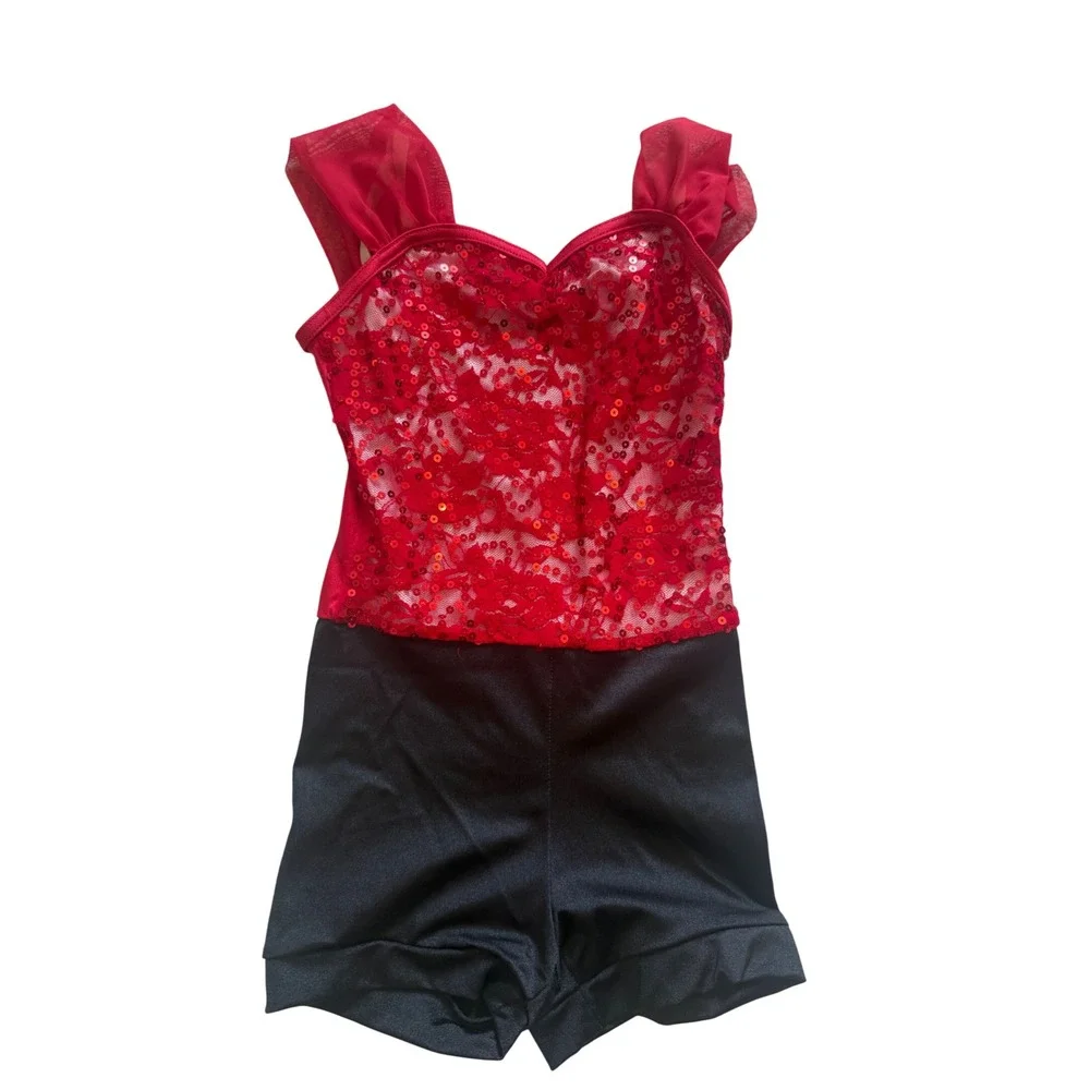 Sparkly Red Weissman Dance Costume‎ + Feather & Tulle Skirts + Bow Hair Piece 💃